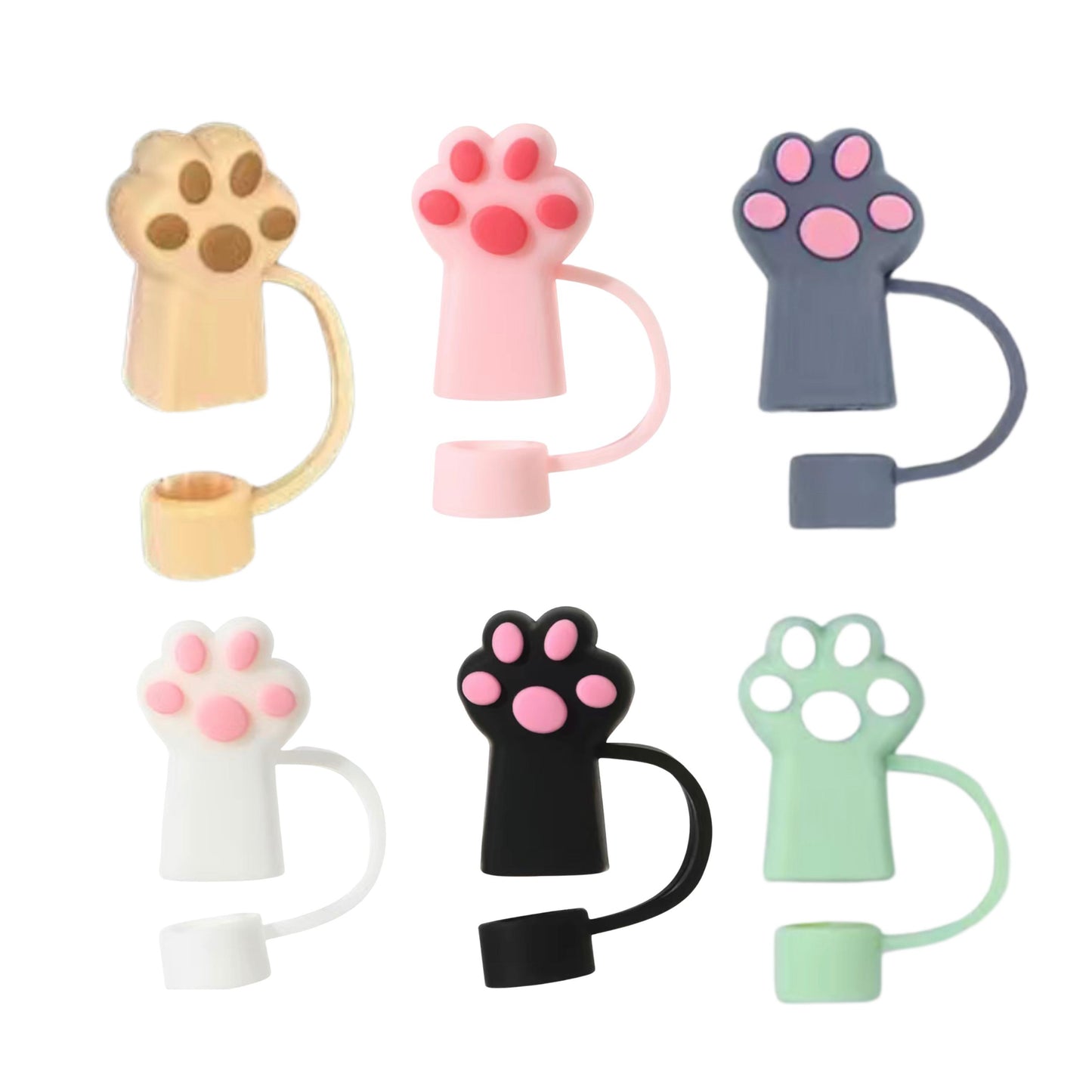 Colorful 3D Paw Print Straw Cover- Fits XL 10mm Diameter Straw - 6 Different Colors - Pink White Black Green Gray Tan - Reusable Silicone