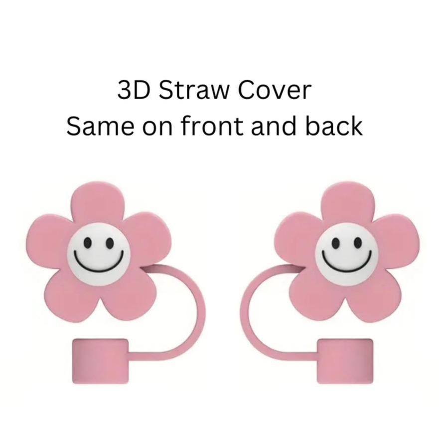 Cute 3D Flower with Smile Straw Cover - Fits Large 10mm Diameter Straws - Reusable Silicone - Available In 4 Colors - Pink White Purple Light Blue