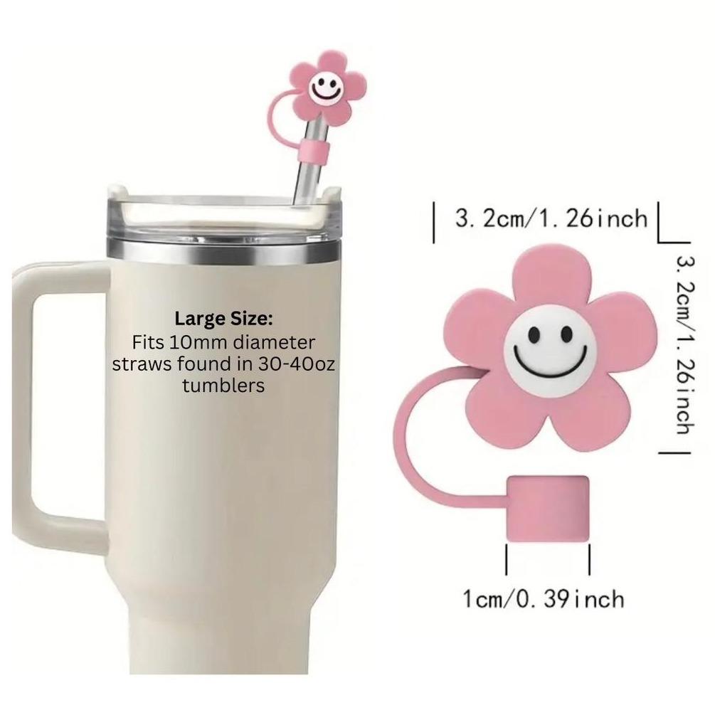 Cute 3D Flower with Smile Straw Cover - Fits Large 10mm Diameter Straws - Reusable Silicone - Available In 4 Colors - Pink White Purple Light Blue