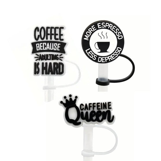 Coffee Saying Straw Cover - 2 Sizes Available - Reusable Silicone - Caffeine Queen - More Espresso Less Depresso - Coffee Because Adulting Is Hard