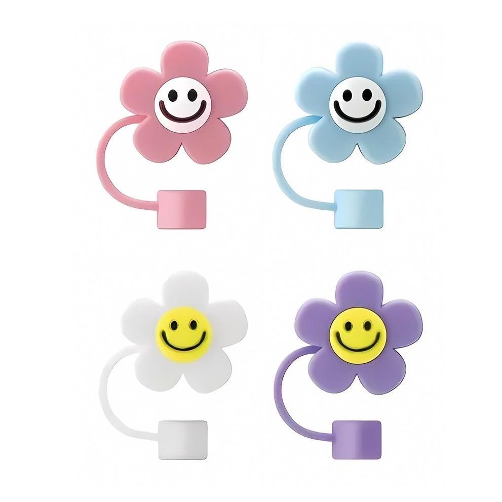 Cute 3D Flower with Smile Straw Cover - Fits Large 10mm Diameter Straws - Reusable Silicone - Available In 4 Colors - Pink White Purple Light Blue