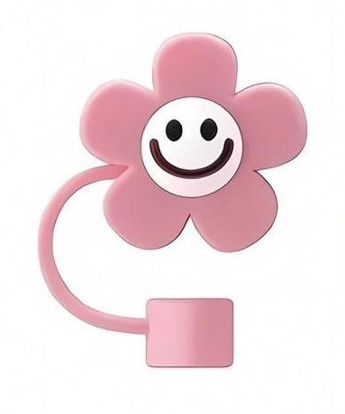 Cute 3D Flower with Smile Straw Cover - Fits Large 10mm Diameter Straws - Reusable Silicone - Available In 4 Colors - Pink White Purple Light Blue