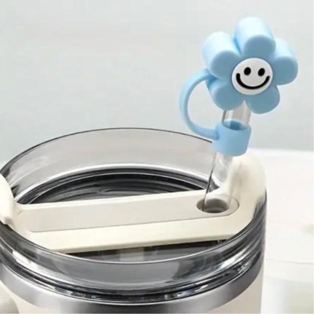 Cute 3D Flower with Smile Straw Cover - Fits Large 10mm Diameter Straws - Reusable Silicone - Available In 4 Colors - Pink White Purple Light Blue