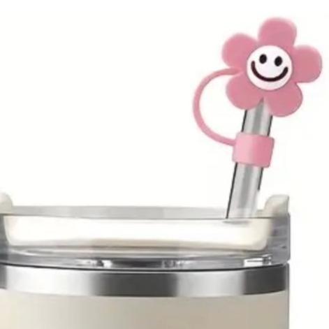 Cute 3D Flower with Smile Straw Cover - Fits Large 10mm Diameter Straws - Reusable Silicone - Available In 4 Colors - Pink White Purple Light Blue