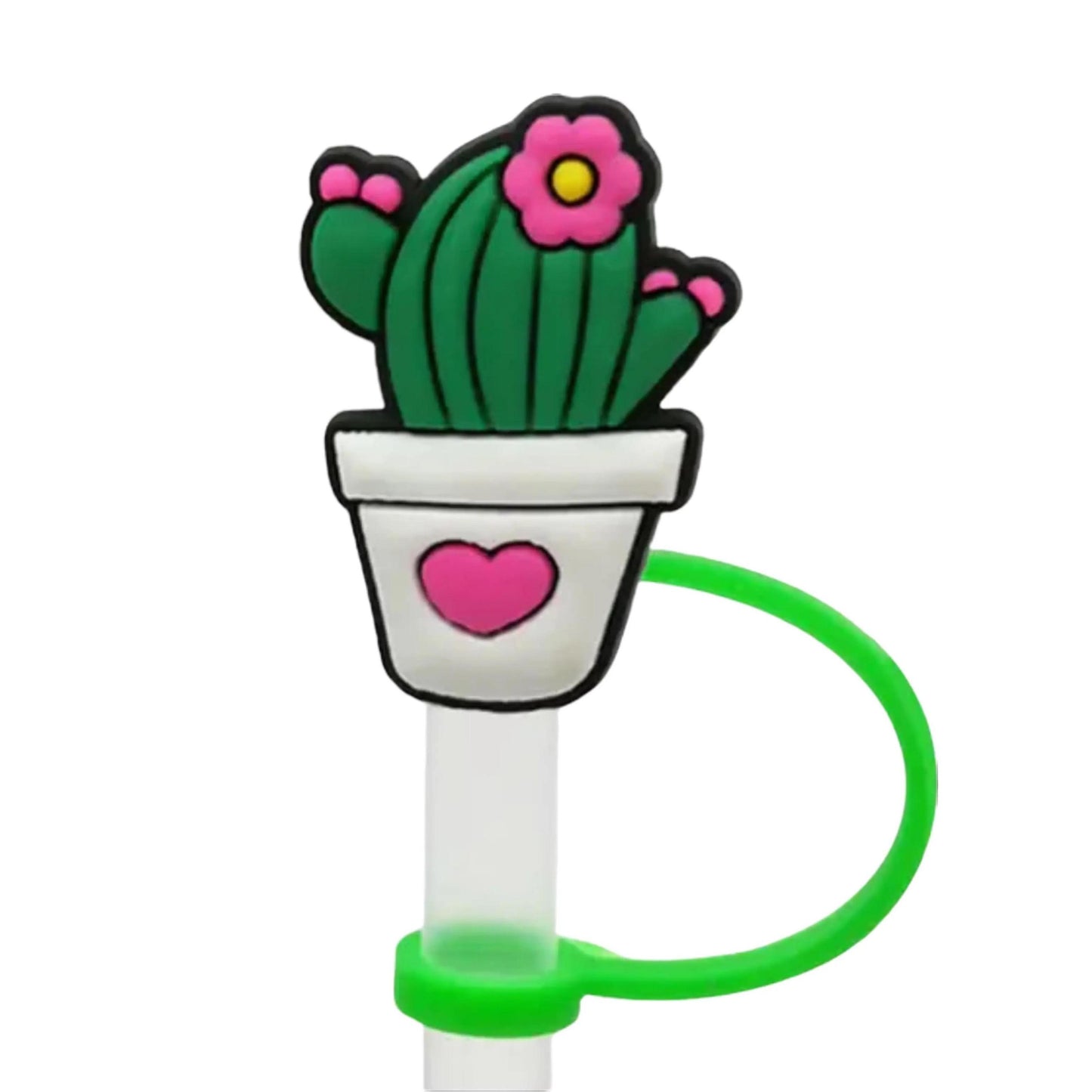 Flower Cactus With Heart Straw Cover - 2 Sizes Available - Reusable Silicone