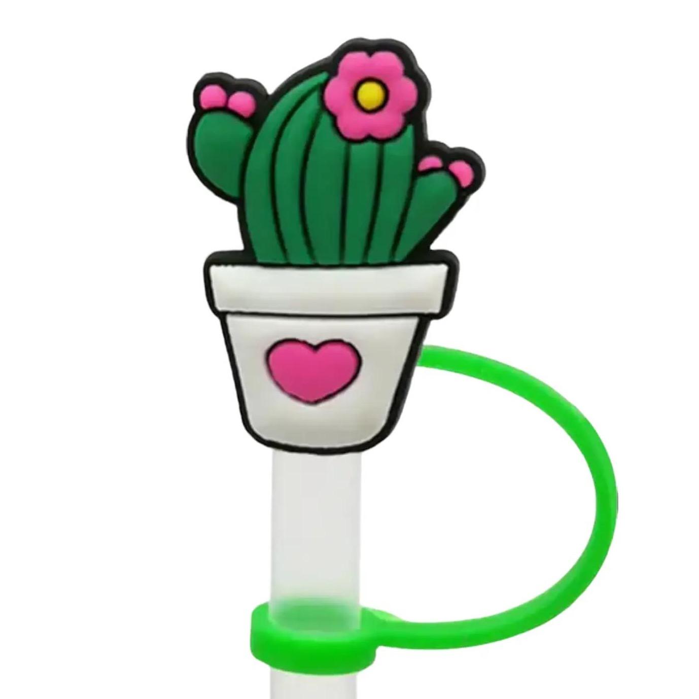 Flower Cactus With Heart Straw Cover - 2 Sizes Available - Reusable Silicone