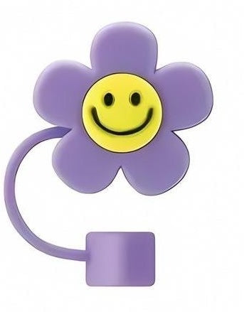 Cute 3D Flower with Smile Straw Cover - Fits Large 10mm Diameter Straws - Reusable Silicone - Available In 4 Colors - Pink White Purple Light Blue