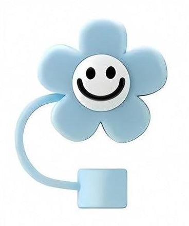 Cute 3D Flower with Smile Straw Cover - Fits Large 10mm Diameter Straws - Reusable Silicone - Available In 4 Colors - Pink White Purple Light Blue