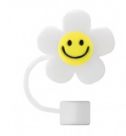 Cute 3D Flower with Smile Straw Cover - Fits Large 10mm Diameter Straws - Reusable Silicone - Available In 4 Colors - Pink White Purple Light Blue